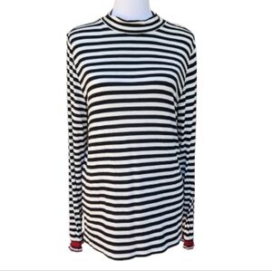 LOFT Mockneck Stripe Long Sleeve Top 516575 Black White Sparkle Red Trim